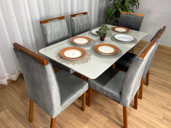 Alternative view of Mesa de Jantar Bali 1.60×0.80 Com 6 Cadeiras Isa – Cinamomo/Off White/Cinza