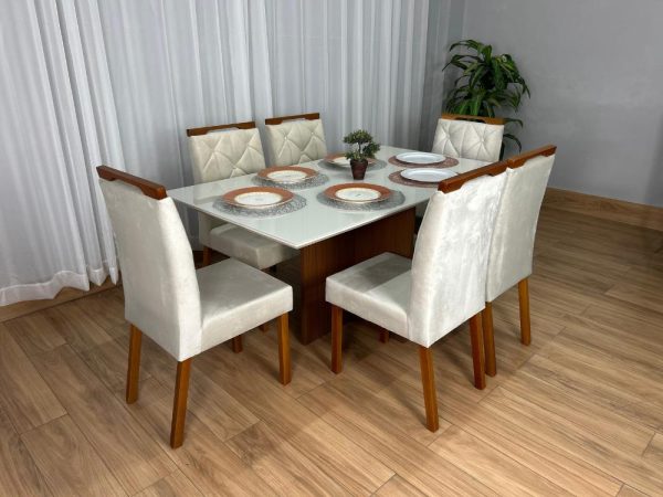 Mesa de Jantar Helo 1.60×0.90 Com 6 Cadeiras Jasmim - Freijó/Off White/Bege Veludo