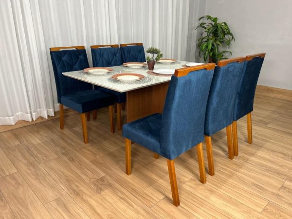 Mesa de Jantar Helo 1.60×0.90 Com 6 Cadeiras Jasmim - Freijó/Off White/Azul Veludo - Imagem 9