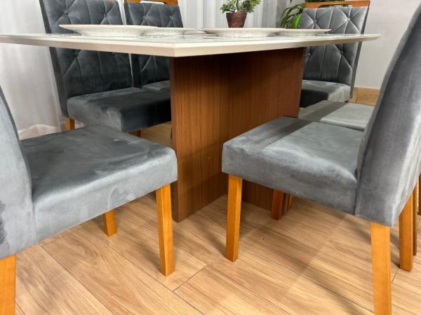 Mesa de Jantar Helo 1.60×0.90 Com 6 Cadeiras Jasmim - Freijó/Off White/Cinza Veludo - Imagem 6