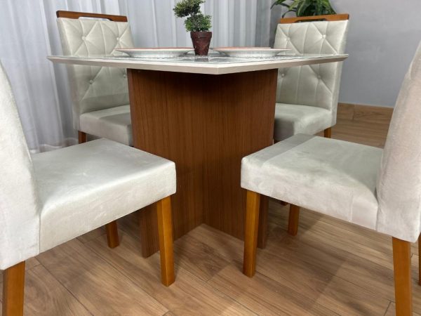 Mesa de Jantar Helo 0.90x0.90 Com 4 Cadeiras Jasmim - Freijó/Off White/Bege Veludo - Imagem 4