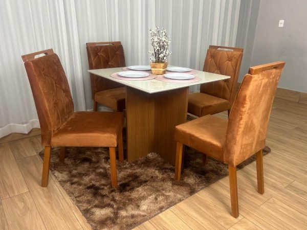 Mesa de Jantar Helo 0.90x0.90 Com 4 Cadeiras Jasmim - Freijó/Off White/Terracota