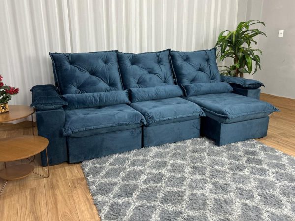 Sofá Retrátil Reclinável Porto Madero 2.70m- Azul Veludo - Imagem 3