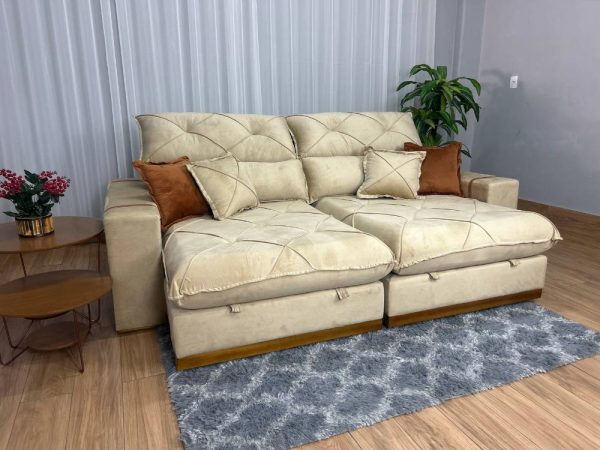 Sofá Retrátil Reclinável Pleno 2.10m - Bege Veludo