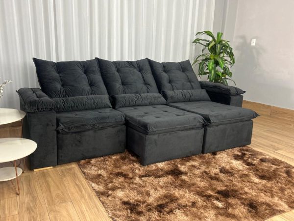 Sofá Retrátil Reclinável Atenas 2.70m - Preto Veludo - Imagem 2