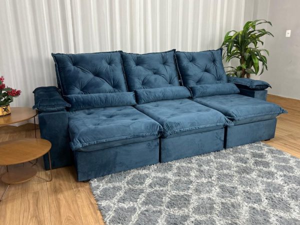 Sofá Retrátil Reclinável Porto Madero 2.70m- Azul Veludo