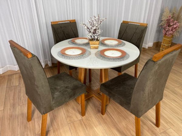 Mesa de Jantar Bali Circular 1.10x1.10 c/4 Cadeiras Isa  - Cinamomo/Off White/Marrom Veludo - Imagem 2