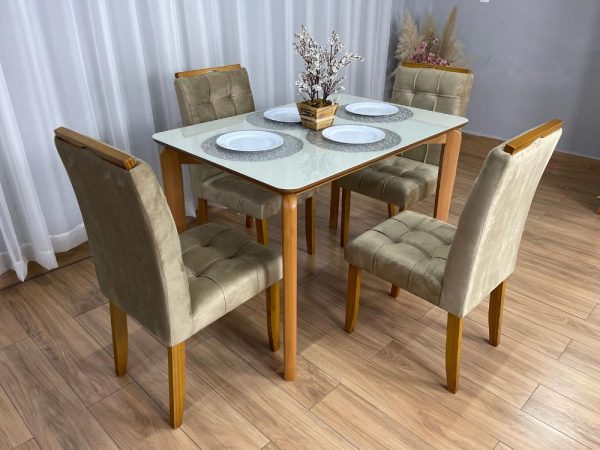Mesa de Jantar Veneza 1.20x0.80 c/4 Cadeiras Londres - Cinamomo/Off White/Avelã Veludo - Imagem 6