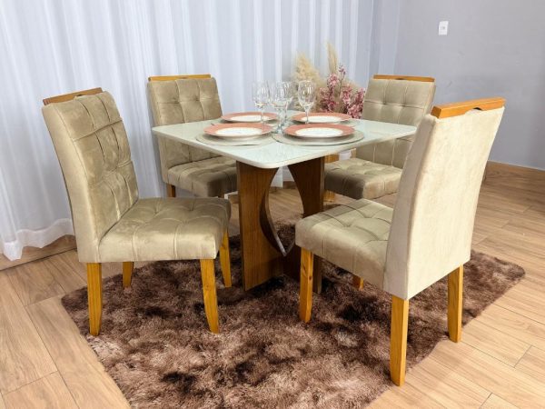 Mesa de Jantar Madri 0.90x0.90 Com 4 Cadeiras Londres - Cinamomo/Off white/Avelã - Imagem 4