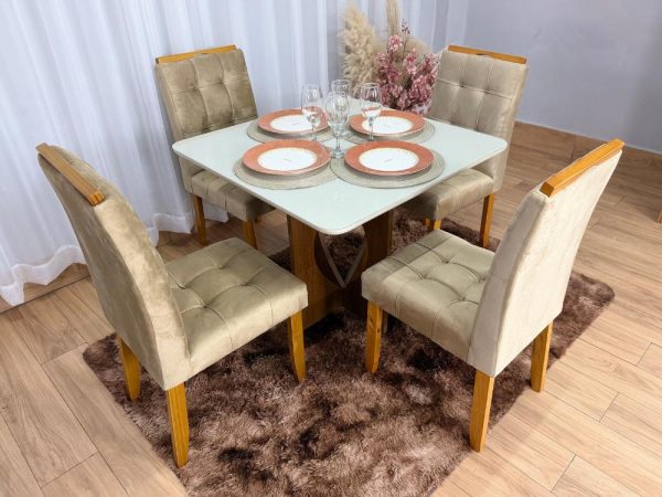 Mesa de Jantar Madri 0.90x0.90 Com 4 Cadeiras Londres - Cinamomo/Off white/Avelã