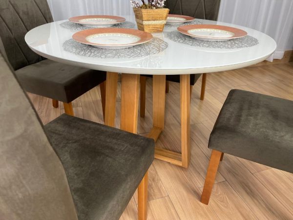 Mesa de Jantar Bali Circular 1.10x1.10 c/4 Cadeiras Isa  - Cinamomo/Off White/Marrom Veludo - Imagem 4