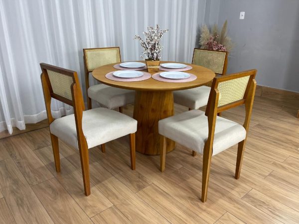 Mesa de Jantar Paris Circular 1.10x1.10 c/4 Cadeiras Grécia - Cinamomo Laminado/Bege Linho