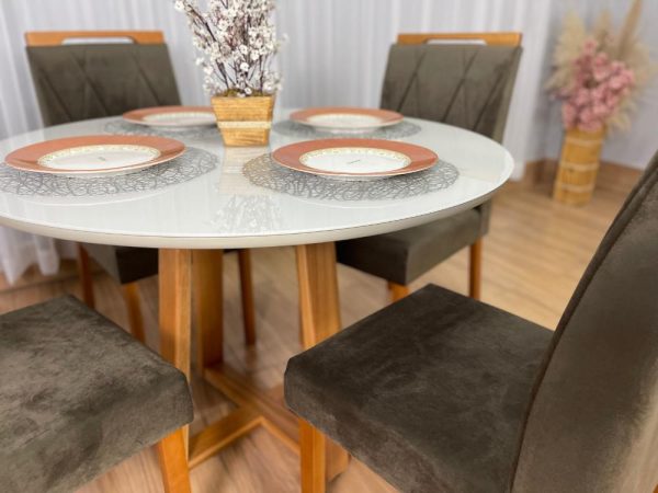 Mesa de Jantar Bali Circular 1.10x1.10 c/4 Cadeiras Isa  - Cinamomo/Off White/Marrom Veludo - Imagem 3