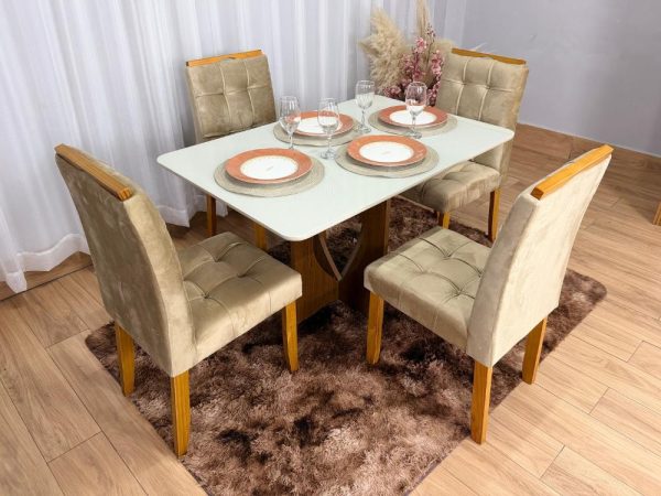 Mesa de Jantar Madri 1.20x0.80 Com 4 Cadeiras Londres - Cinamomo/Off white/Avelã Veludo - Imagem 6