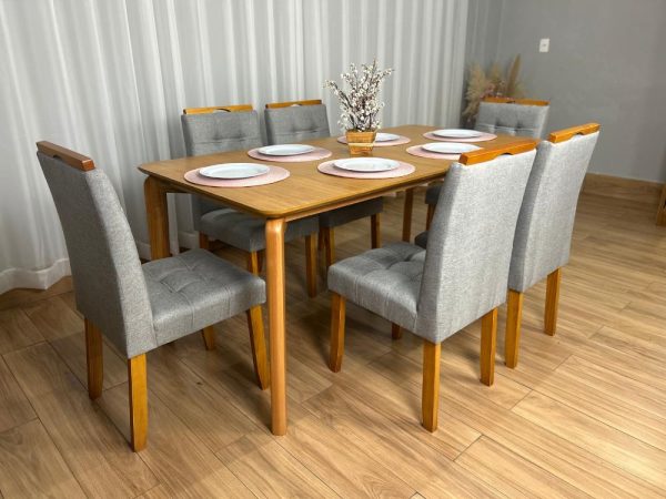 Mesa de Jantar Veneza 1.80x0.90 c/6 Cadeiras Londres - Cinamomo Laminado/Cinza Linho