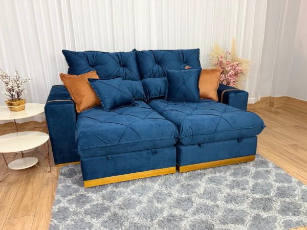Sofá Retrátil Reclinável Pleno 2.30m - Azul Veludo