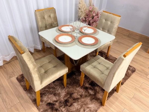 Mesa de Jantar Madri 0.90x0.90 Com 4 Cadeiras Londres - Cinamomo/Off white/Avelã - Imagem 6