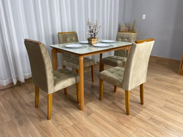 Mesa de Jantar Veneza 1.20x0.80 c/4 Cadeiras Londres - Cinamomo/Off White/Avelã Veludo - Imagem 7