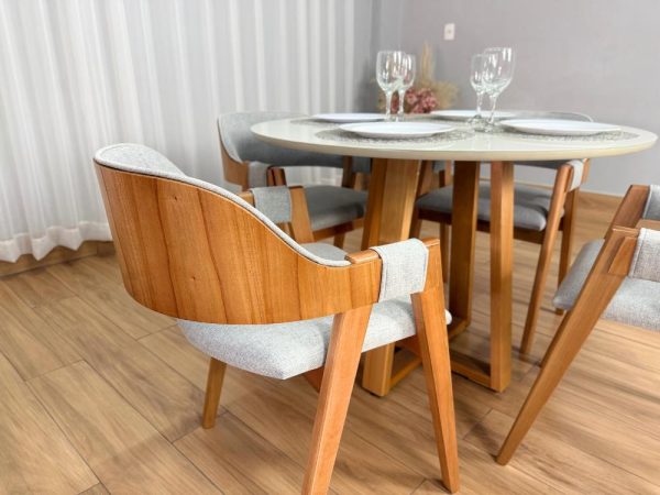 Mesa de Jantar Bali Circular 1.10x1.10m c/4 Cadeiras Pérola  - Cinamomo/Off White/Cinza Linho - Imagem 4