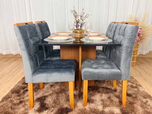 Mesa de Jantar Los Angeles 0.90x0.90 c/ 4 Cadeiras Londres - Cinamomo/Preto/Cinza Veludo - Imagem 7