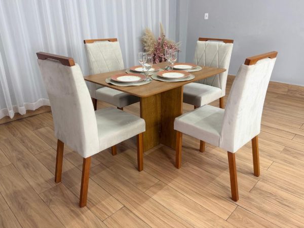 Mesa de Jantar Salinas 1.20x0.80 s/Vidro c/4 Cadeiras Isa - Cinamomo/Bege Veludo - Imagem 5