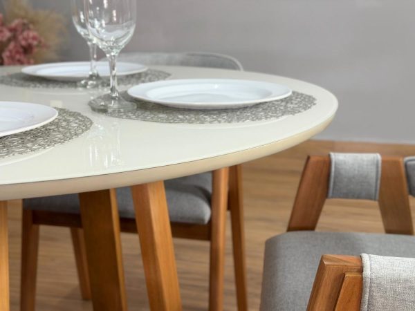 Mesa de Jantar Bali Circular 1.10x1.10m c/4 Cadeiras Pérola  - Cinamomo/Off White/Cinza Linho - Imagem 6