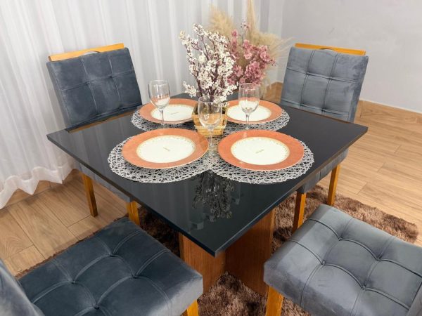 Mesa de Jantar Los Angeles 0.90x0.90 c/ 4 Cadeiras Londres - Cinamomo/Preto/Cinza Veludo - Imagem 2