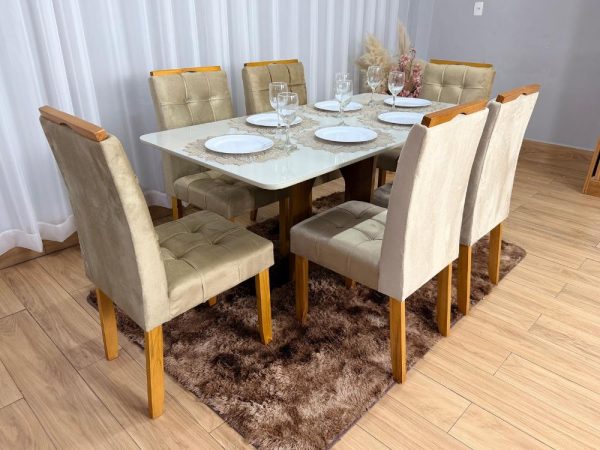 Mesa de Jantar Madri 1.60x0.80 Com 6 Cadeiras Londres - Cinamomo/Off white/Avelã - Imagem 2