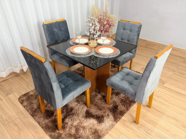 Mesa de Jantar Los Angeles 0.90x0.90 c/ 4 Cadeiras Londres - Cinamomo/Preto/Cinza Veludo - Imagem 5