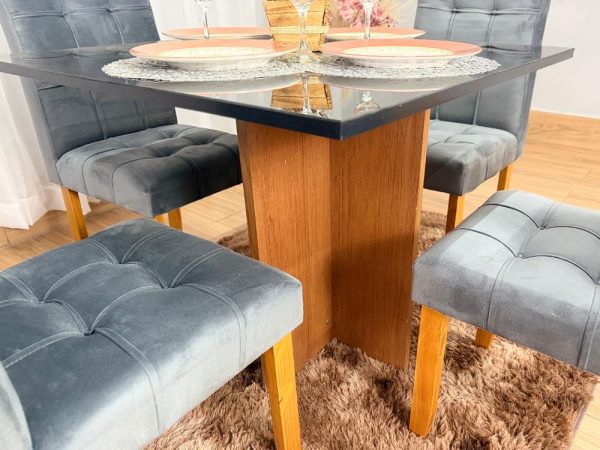 Mesa de Jantar Los Angeles 0.90x0.90 c/ 4 Cadeiras Londres - Cinamomo/Preto/Cinza Veludo - Imagem 4
