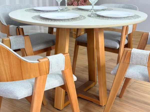 Mesa de Jantar Bali Circular 1.10x1.10m c/4 Cadeiras Pérola  - Cinamomo/Off White/Cinza Linho - Imagem 5