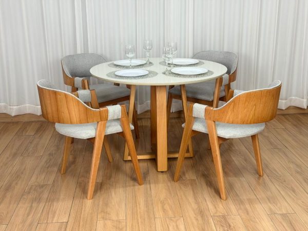 Alternative view of Mesa de Jantar Bali Circular 1.10x1.10m c/4 Cadeiras Pérola  - Cinamomo/Off White/Cinza Linho