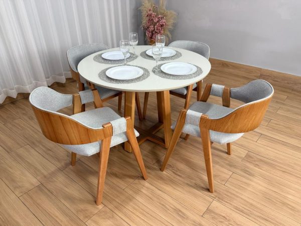 Mesa de Jantar Bali Circular 1.10x1.10m c/4 Cadeiras Pérola  - Cinamomo/Off White/Cinza Linho - Imagem 3
