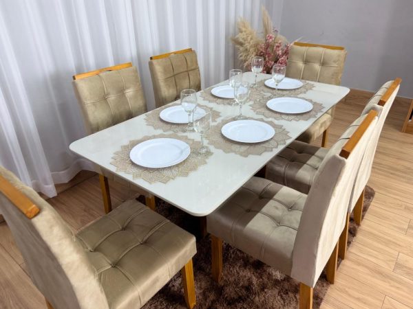 Mesa de Jantar Madri 1.60x0.80 Com 6 Cadeiras Londres - Cinamomo/Off white/Avelã - Imagem 3