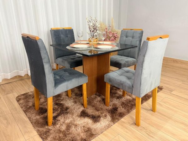 Mesa de Jantar Los Angeles 0.90x0.90 c/ 4 Cadeiras Londres - Cinamomo/Preto/Cinza Veludo
