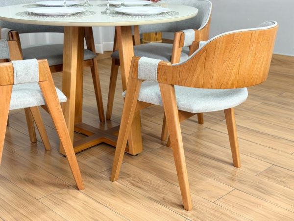 Mesa de Jantar Bali Circular 1.10x1.10m c/4 Cadeiras Pérola  - Cinamomo/Off White/Cinza Linho - Imagem 8