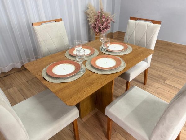 Mesa de Jantar Salinas 1.20x0.80 s/Vidro c/4 Cadeiras Isa - Cinamomo/Bege Veludo - Imagem 4