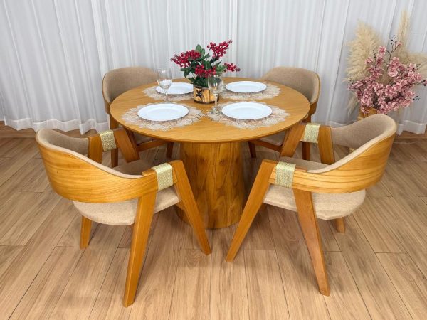 Alternative view of Mesa de Jantar Paris Circular 1.10x1.10 c/4 Cadeiras Ravena - Cinamomo Laminado/Bege Linho