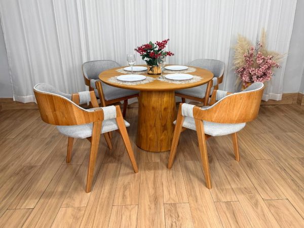 Alternative view of Mesa de Jantar Paris Circular 1.10x1.10 c/4 Cadeiras Pérola - Cinamomo Laminado/Cinza Linho
