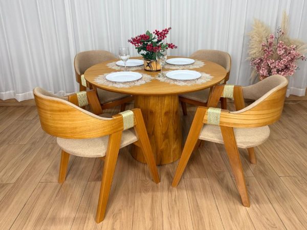 Mesa de Jantar Paris Circular 1.10x1.10 c/4 Cadeiras Ravena - Cinamomo Laminado/Bege Linho - Imagem 3