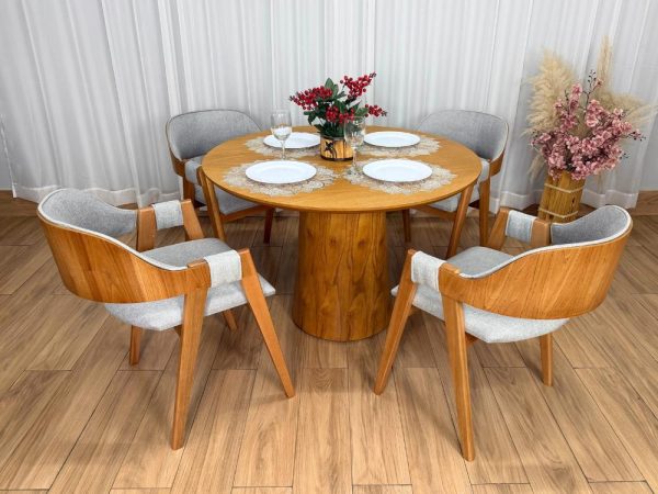 Mesa de Jantar Paris Circular 1.10x1.10 c/4 Cadeiras Pérola - Cinamomo Laminado/Cinza Linho