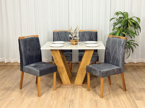 Mesa de Jantar Classic 1.20x0.80 Com 4 Cadeiras Isa - Cinamomo/Off White/Cinza