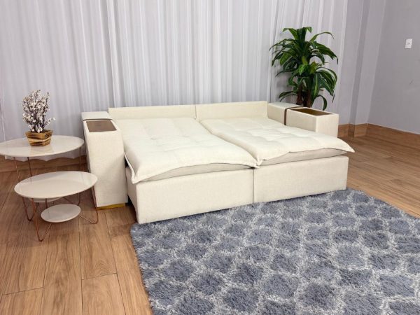 Sofá Cama Retrátil Reclinável Gabriela 2,10m - Bege Linho/Marrom Courino - Imagem 3