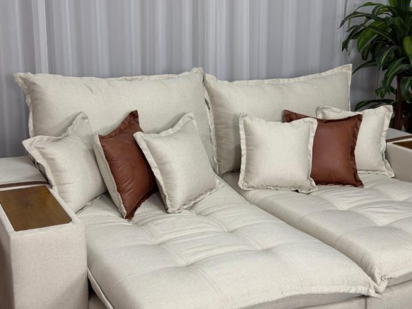 Sofá Cama Retrátil Reclinável Gabriela 2,50m - Bege Linho/Marrom Courino - Imagem 3