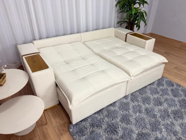 Sofá Cama Retrátil Reclinável Gabriela 2,10m - Bege Linho/Marrom Courino - Imagem 4