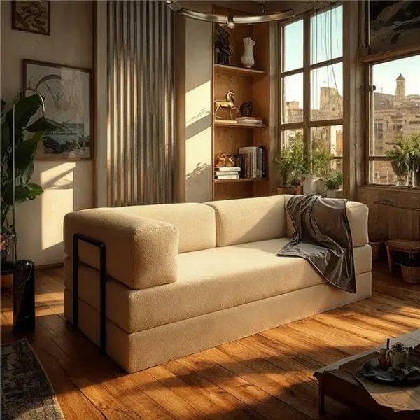 Sofá Cama Itália na Caixa c/ Espuma D33 Expansiva - Bege Boucle