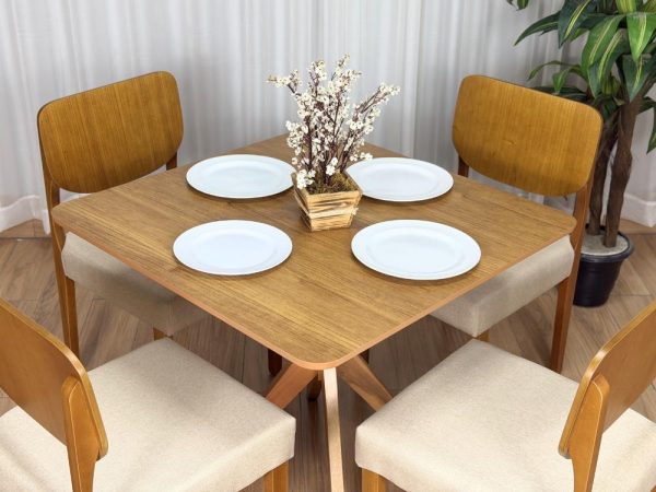 Mesa de Jantar Simpatia 0.90x0.90 Quadrada c/4 Cadeiras Barcelona - Cinamomo/Bege Linho - Imagem 4