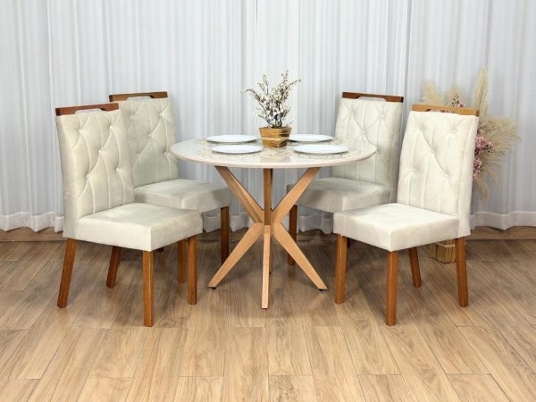 Mesa de Jantar Circular Simpatia 1.08x1.08 c/4 Cadeiras Jasmim - Cinamomo/Off White/Bege Veludo