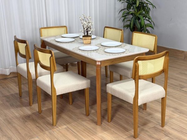 Alternative view of Mesa de Jantar Alegra c/Vidro 1.60x0.80 c/6 Cadeiras Fortaleza - Cinamomo/Off White/Bege Linho