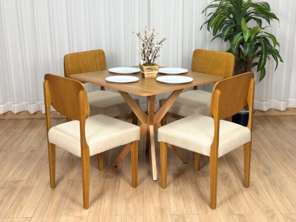 Mesa de Jantar Simpatia 0.90x0.90 Quadrada c/4 Cadeiras Barcelona - Cinamomo/Bege Linho - Imagem 2
